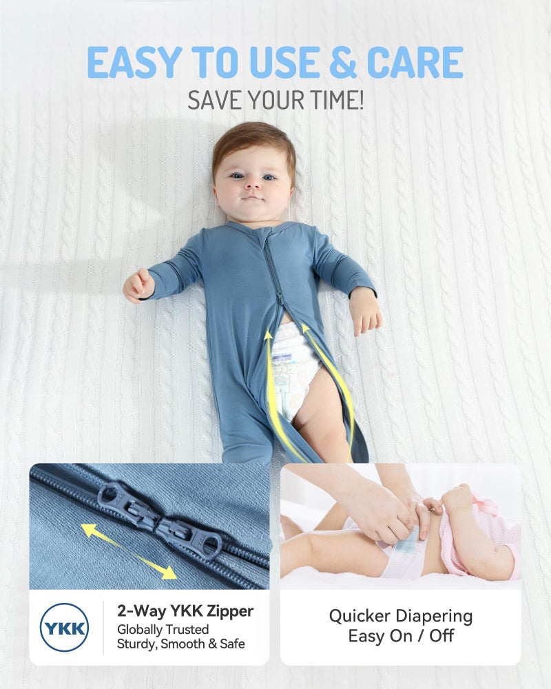 HAPIU Rayon from Bamboo Baby Footed Pajamas, 2 Way Zipper YKK, Footie for Baby Boy Girls, Newborn-24 Months, 2-Pack, Moonlight Blue&Dark Grey, 6-12 Months - Image 4